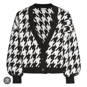 Alice + Olivia Zelina Black and White Houndstooth Deep V Cardigan Sweater Small